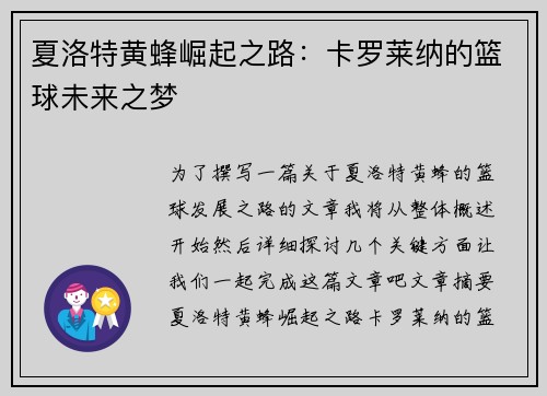 夏洛特黄蜂崛起之路：卡罗莱纳的篮球未来之梦