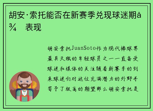 胡安·索托能否在新赛季兑现球迷期待表现